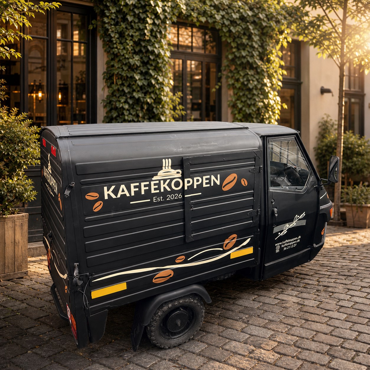 Kaffekoppens sorte tuk tuk set fra siden med cremefarvet logo og orange kaffebønner.