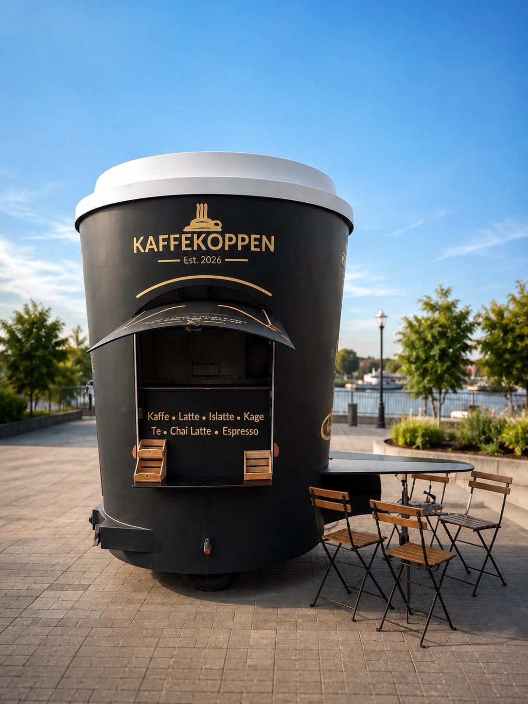 Kaffekoppens kopformede kaffevogn med sort facade, hvidt låg og caféborde ved vandet.